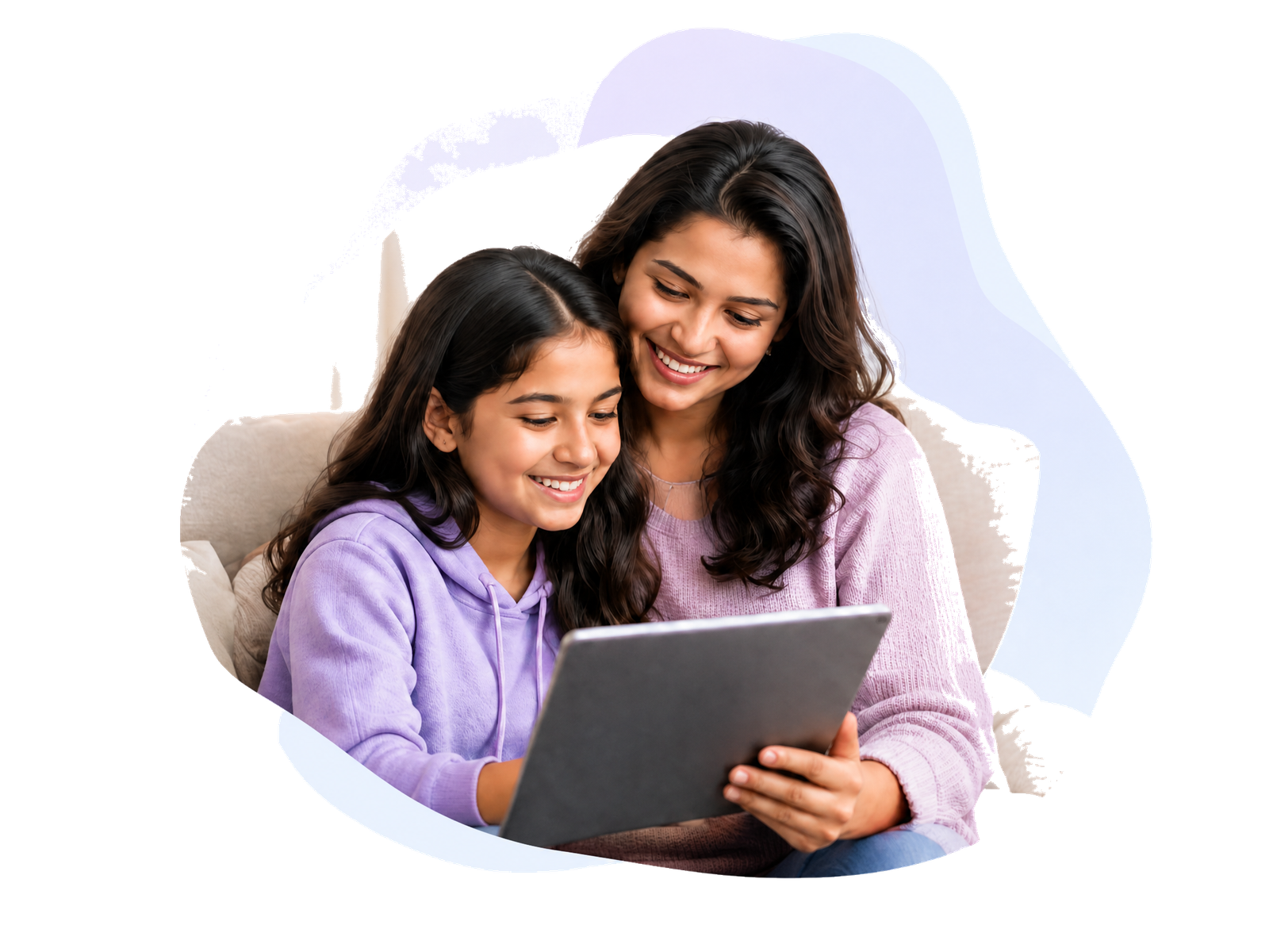 Mother and daughter happily using Zootom together on a tablet