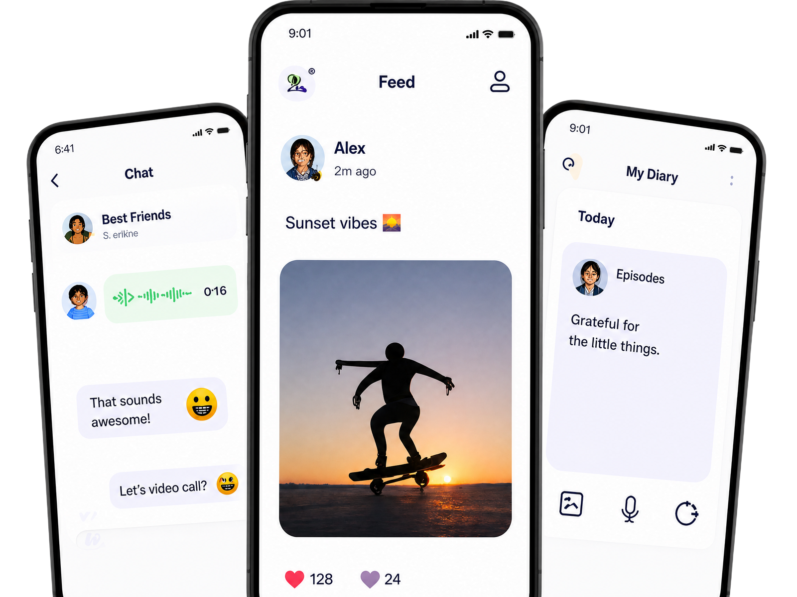 Zootom Teens interface showing Chat, Feed with photo sharing, and private Digital Diary